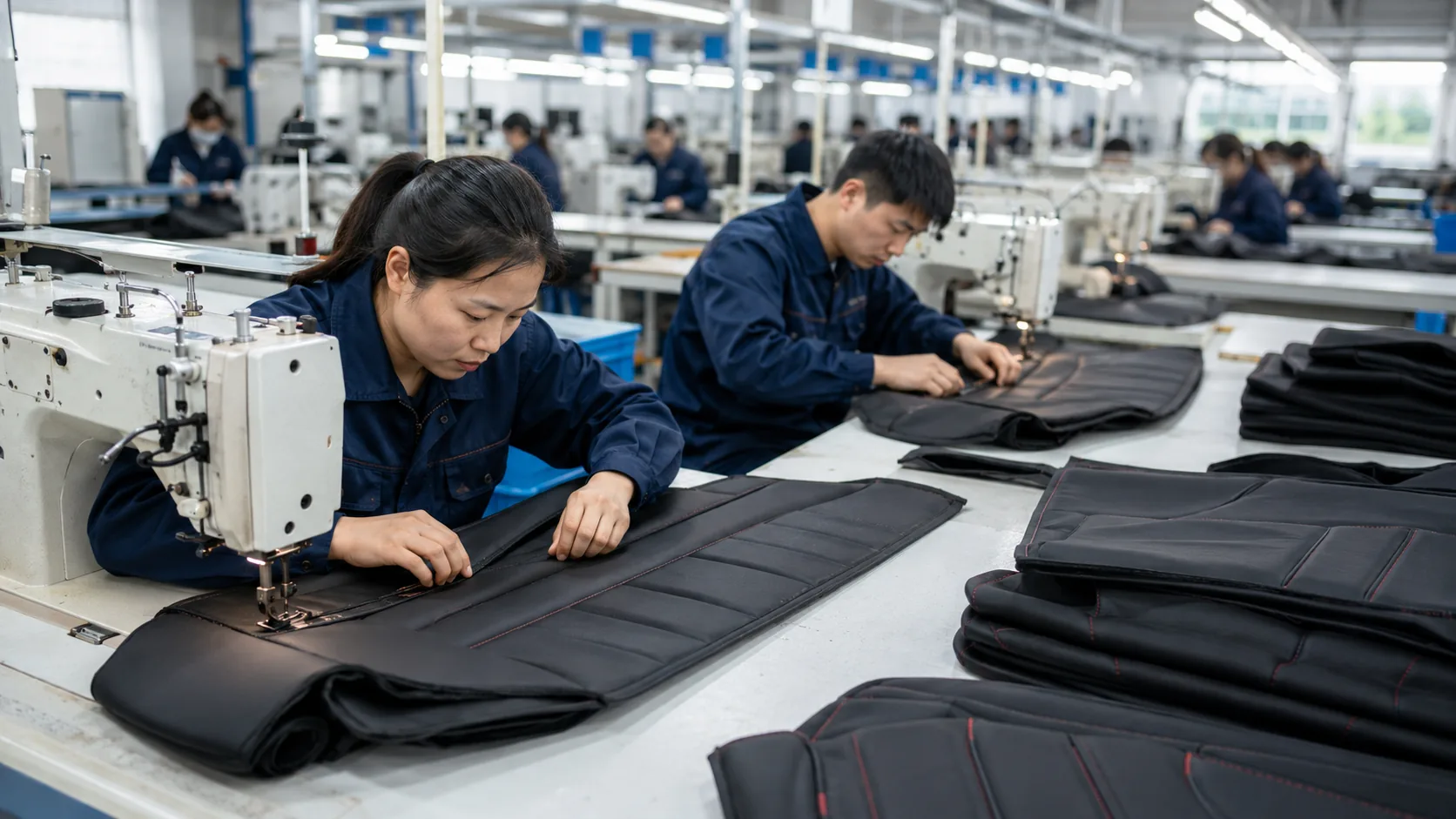 car seat cover sewing process on factory production line