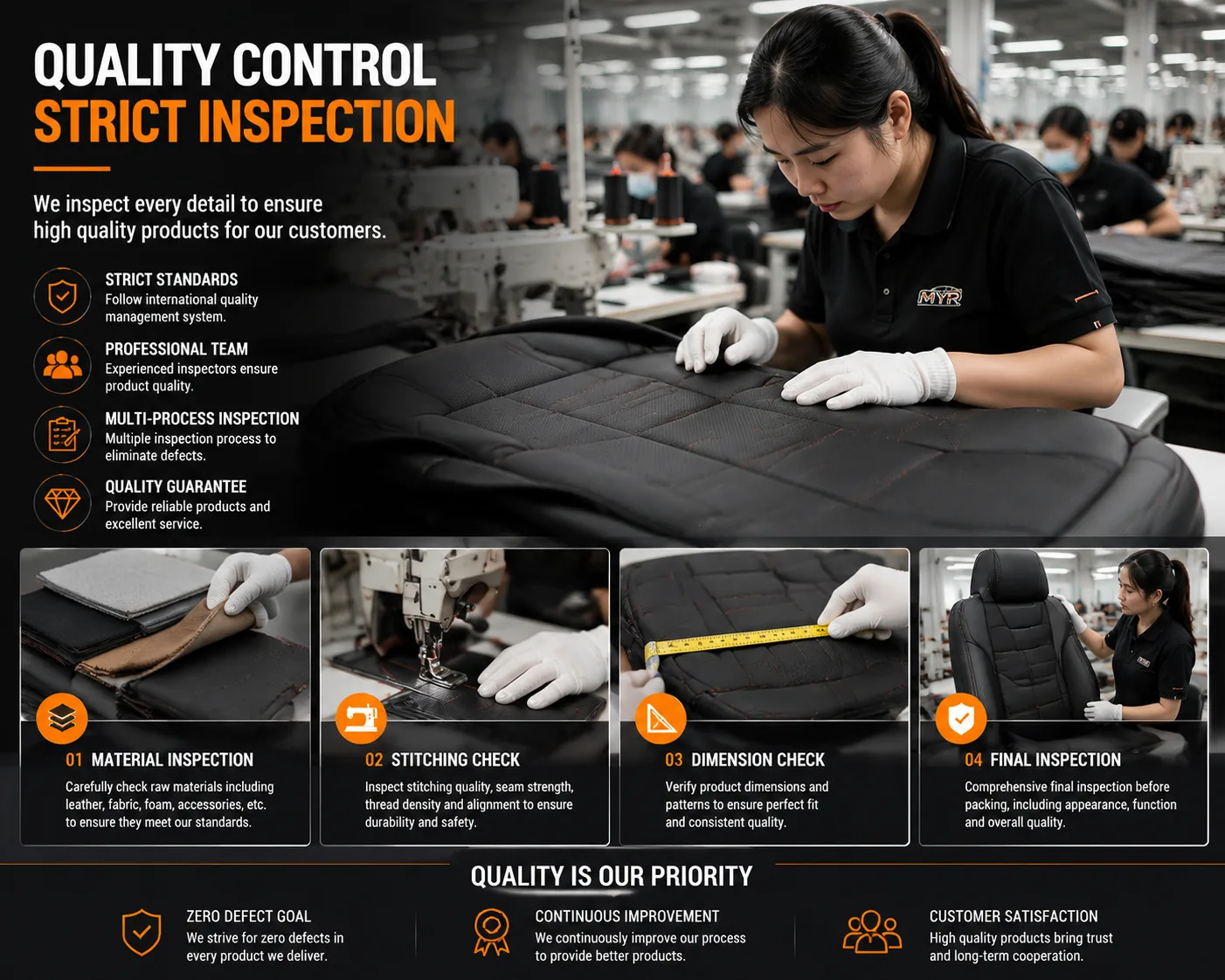 Car seat cover quality control with strict inspection of seams, fit and finish