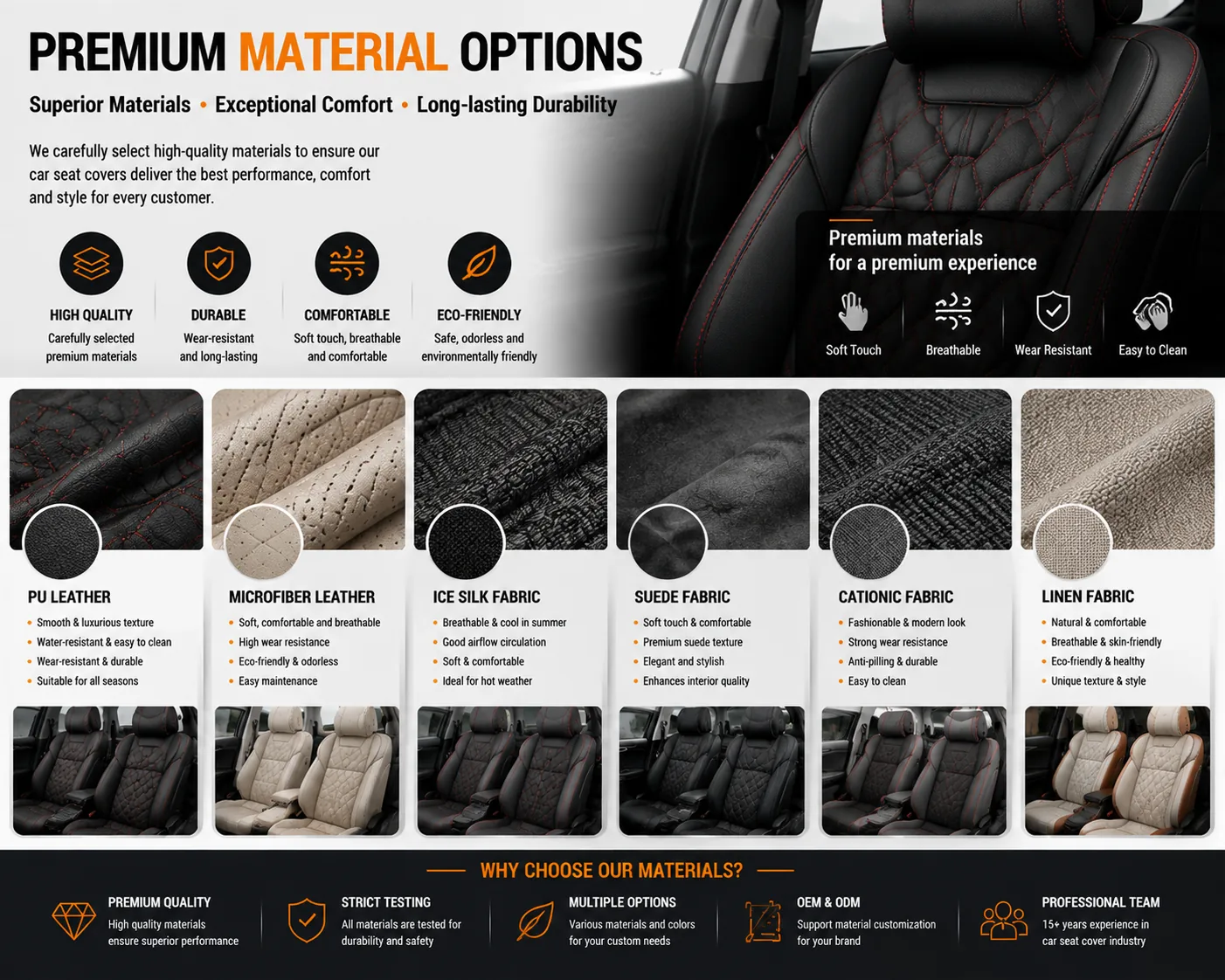 Premium car seat cover materials with PU leather, ice silk and layered trim options