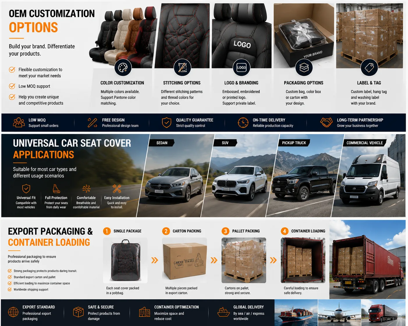 OEM car seat cover customization options including colors, logo and packaging