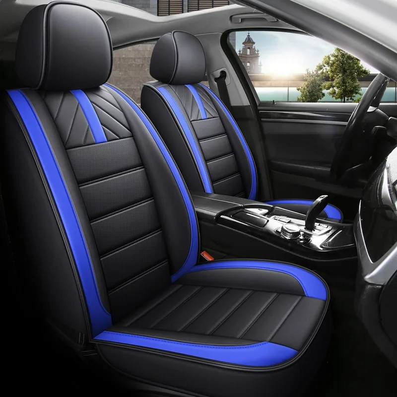 PU Leather-Look Car Seat Covers with Bow Headrest - Black Blue Standard