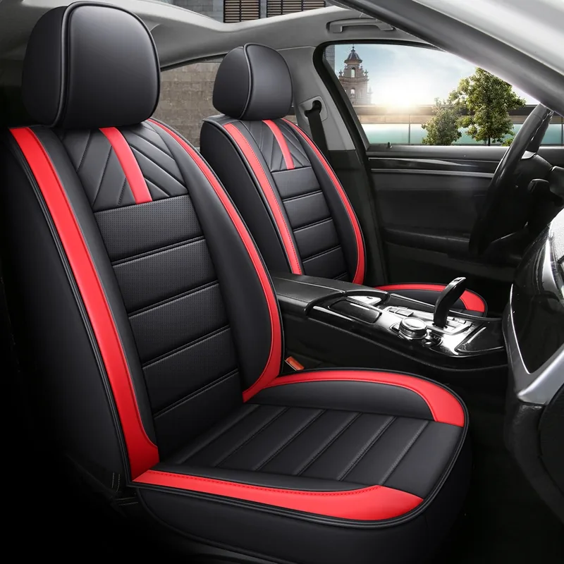 PU Leather-Look Car Seat Covers with Bow Headrest - Black Red Standard