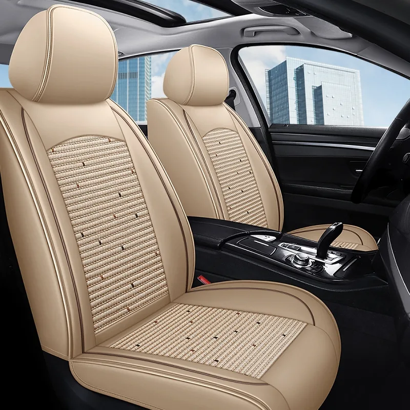 Grid Quilted Ice Silk Car Seat Covers - Beige Standard