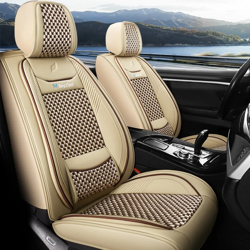 Leaf-Texture Leather & Ice Silk Car Seat Covers - Beige Standard