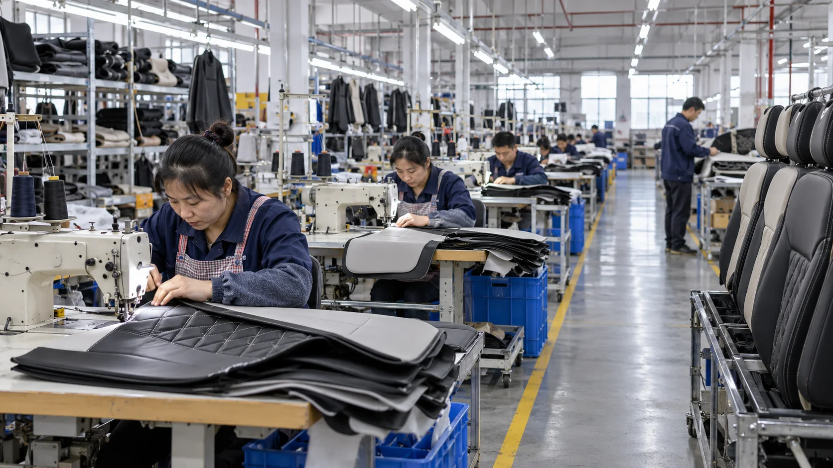 Seat cover factory workshop with production lines