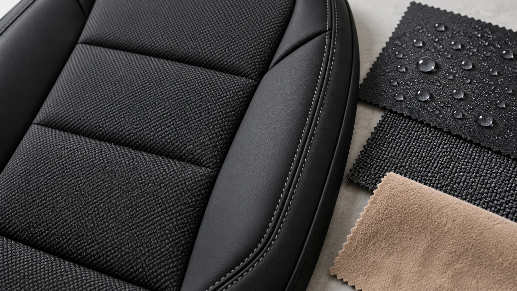 Car seat cover material benefits showing durable, water-resistant and comfortable finishes
